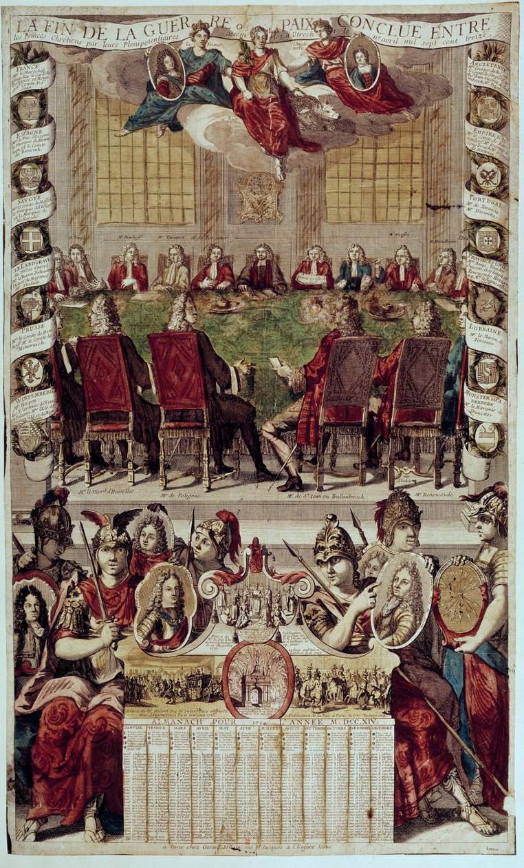 Almanach: repræsentation af Utrecht-traktaten, der afslutter den spanske arvefølgekrig, underskrevet i Frankrig (kardinal af Polignac) og England den 11. april 1713. 1714. Paris, B.N. af Unknown artist