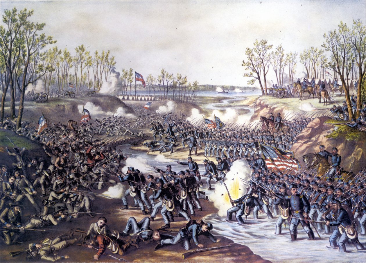 Amerikansk borgerkrig (1861 - 1865): Slaget ved Shiloh eller Pittsburg Landing (Tennessee) 06.-07. april 1862. Indgravering af det 19. århundrede. af Unknown artist
