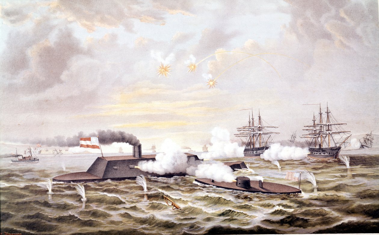 Amerikansk borgerkrig (1861 - 1865): Søslaget ved Hampton Roads (Virginia) 8-09 marts af Unknown artist