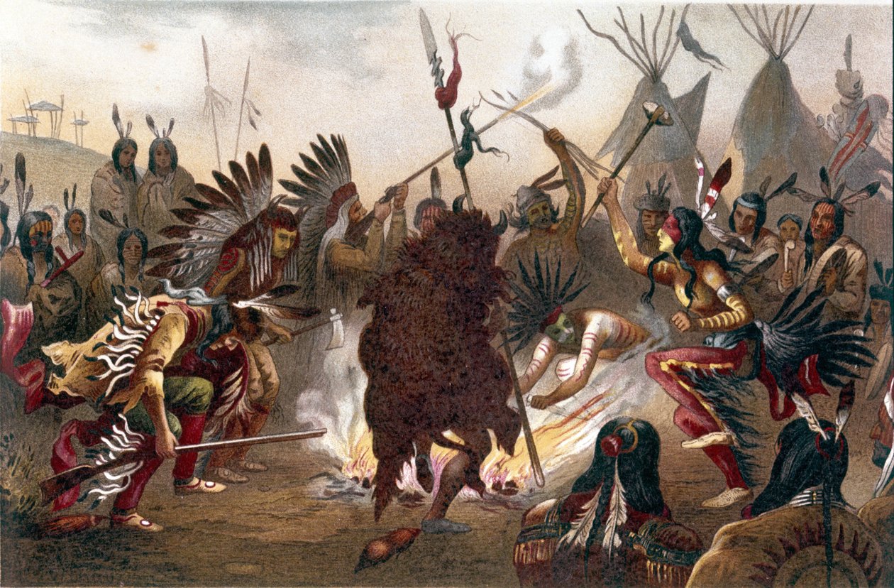 American Indian Ritual (Southern Dakota Plains Indians): Sioux War Dance. kromolitografi fra ""The human race"" af Ratzel, cirka 1890 af Unknown artist
