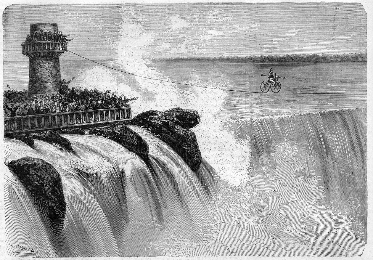Amerikanske Jenkins krydser Niagara Falls på en Velocipede i 1869. af Unknown artist