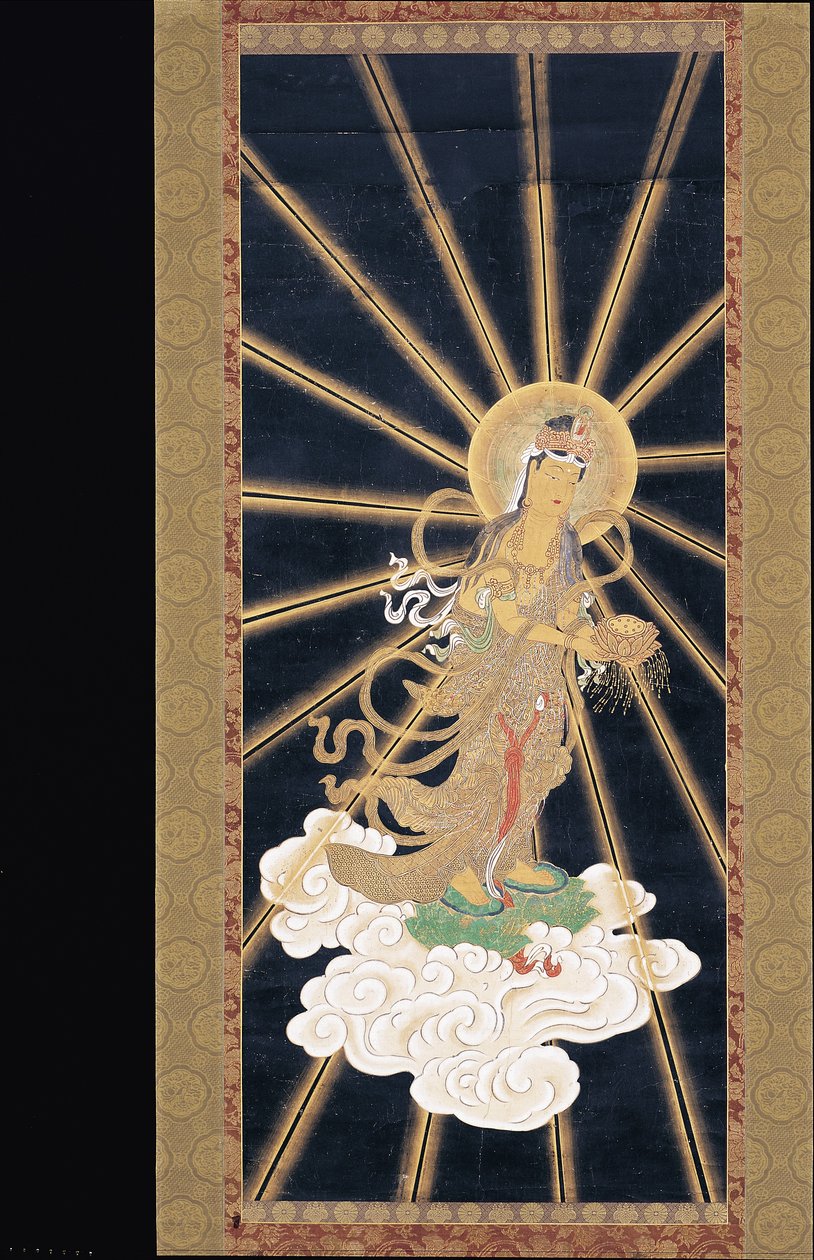 Amitabha (Amida) Triad Descending From Heaven (pigment på konshi (blåt rispapir)) af Unknown artist