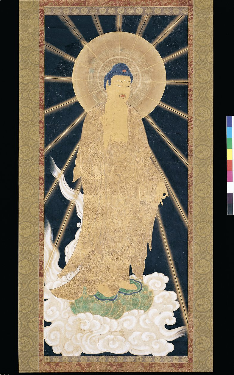Amitabha (Amida) Triad Descending From Heaven (pigment på konshi (blåt rispapir)) af Unknown artist