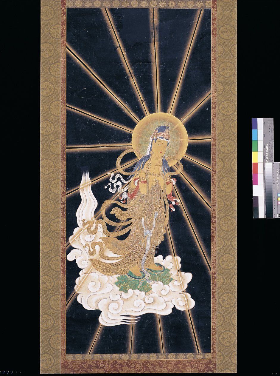 Amitabha (Amida) Triad Descending From Heaven (pigment på konshi (blåt rispapir)) af Unknown artist