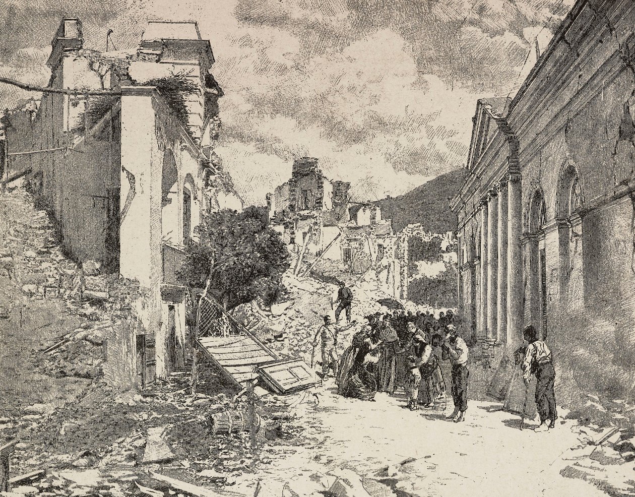 Blandt ruinerne efter jordskælvet i badebyen Balliazzi, Italien af Unknown artist