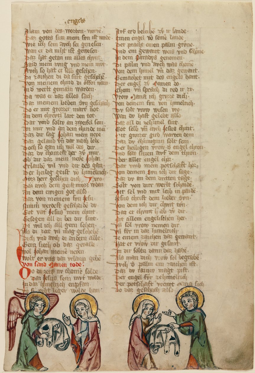 En engel præsenterer Kristi begravelsestøj for jomfruen; jomfruen viser tøjet til Sankt Johannes af Unknown artist