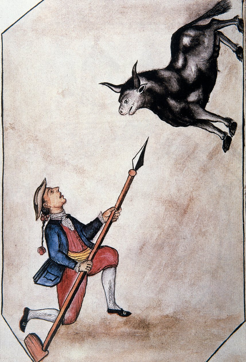 En indianer, der peger fra sit spyd til en tyr, fra bogen "Trujillo of the Peru" eller "Codex Martinez Companion", af Baltazar Martinez Companion og Bujanda, biskop af Trujillo (1782-1785) af Unknown artist
