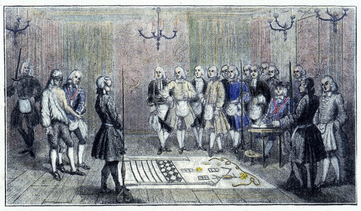 En lærlingeloge i Paris, omkring 1740: denne scene skildrer modtagelsen af en "lærling"" frimurer (på gulvet maleriet af lærlingelogen) - ifølge en gravering fra tiden. af Unknown artist
