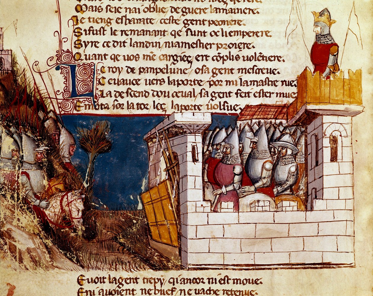 En hær (fra kongen af Pamplona?) tager tilflugt i et slot og bestiger miniature levis-broen fra "" Entrree of Spain"". Venedig fra det 14. århundrede, Biblioteca Marciana. af Unknown artist