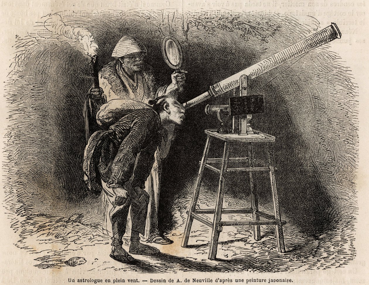 En astrolog afsøger himlen i det fri ved hjælp af sit teleskop. Indgravering til illustration af rejsen til Japan i 1863-1864 af Aime Humbert, minister for Det Schweiziske Forbund, i "Le tour du monde, nouveau journal des voyages"" udgivet under dir. af Unknown artist