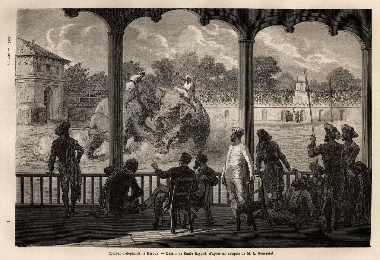 En elefantkamp i Baroda (eller Vadodara), Gujarat-staten på Indiens nordøstkyst. Indgravering til illustration af Rajahernes rejse i Indien, af Louis Rousselet, i 1864-1868, udgivet i "" Le tour du monde""" 1870-1871, redigeret af Edouard Charto af Unknown artist