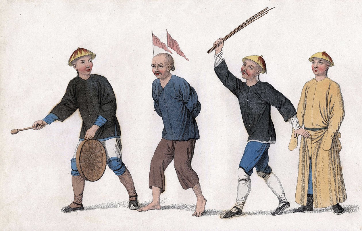 En anklage tages til retten. For at tiltrække offentlig opmærksomhed sættes røde flag på hans hoved, og en mand ringer på gongongen. Indgravering i "The Punishments of the Chinese", London af Unknown artist