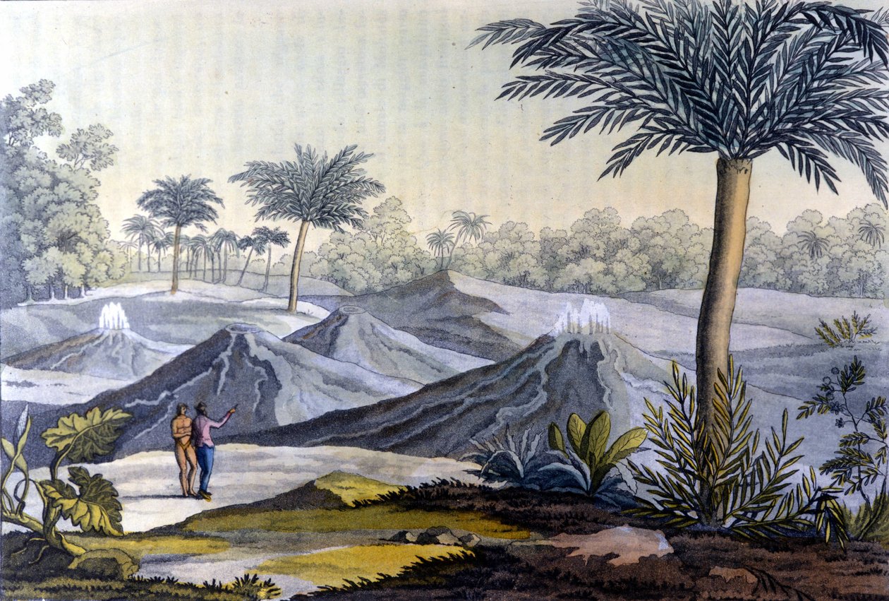 En indfødt mand viser i Humboldt vulcancitos nær Turbaco i Ecuador. Fra Alexander Von Humboldts bog (Alexandre de Humboldt af Unknown artist