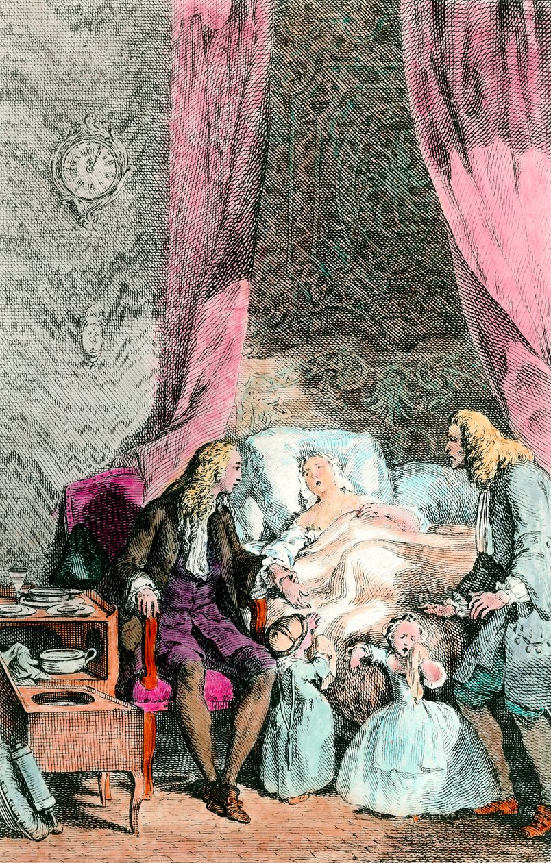 En observatørlæge En kvinde, der er syg eller allerede død, er omgivet af sin familie og lægen. Børnene er i tårer. Stik omkring 1780. Paris, Medicineakademiet af Unknown artist