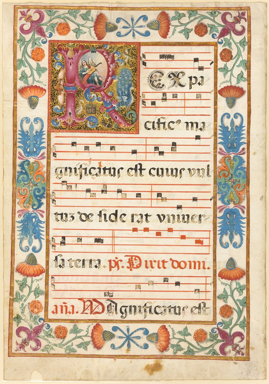 Engel, der spiller på et instrument i et dekoreret initial "R" med flora, fauna og grotesker, fra en antifonal af Unknown artist