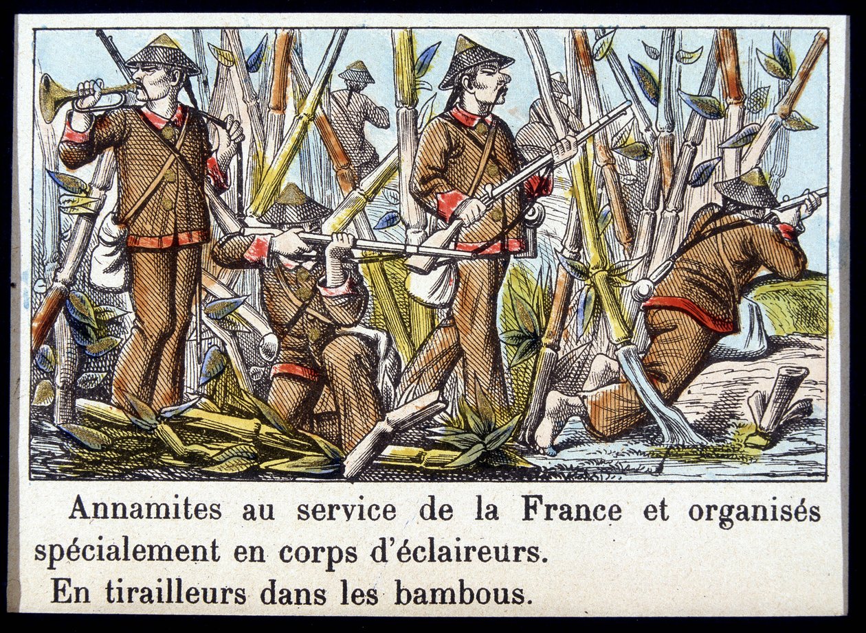 Annamitter i Frankrigs tjeneste og specielt organiseret i spejderkorps, i kanoner i bambus af Unknown artist