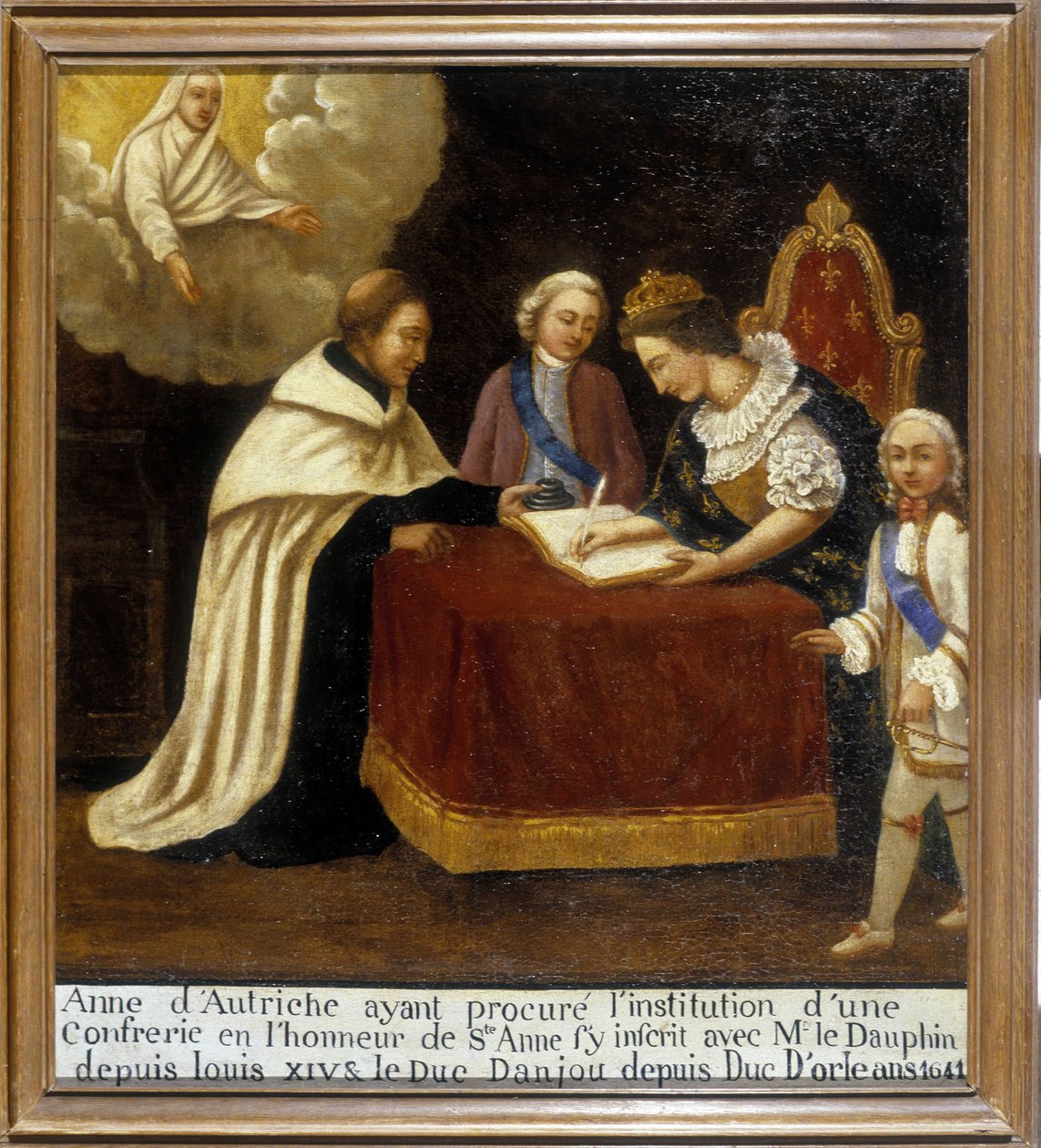 Anne af Østrig, efter at have sørget for oprettelsen af et broderskab eller Saint Annes ære, sluttede sig til det med delfinen og hertugen af Anjou (nu Ludvig XIV og hertug af Orléans, dit Monsieur) af Unknown artist