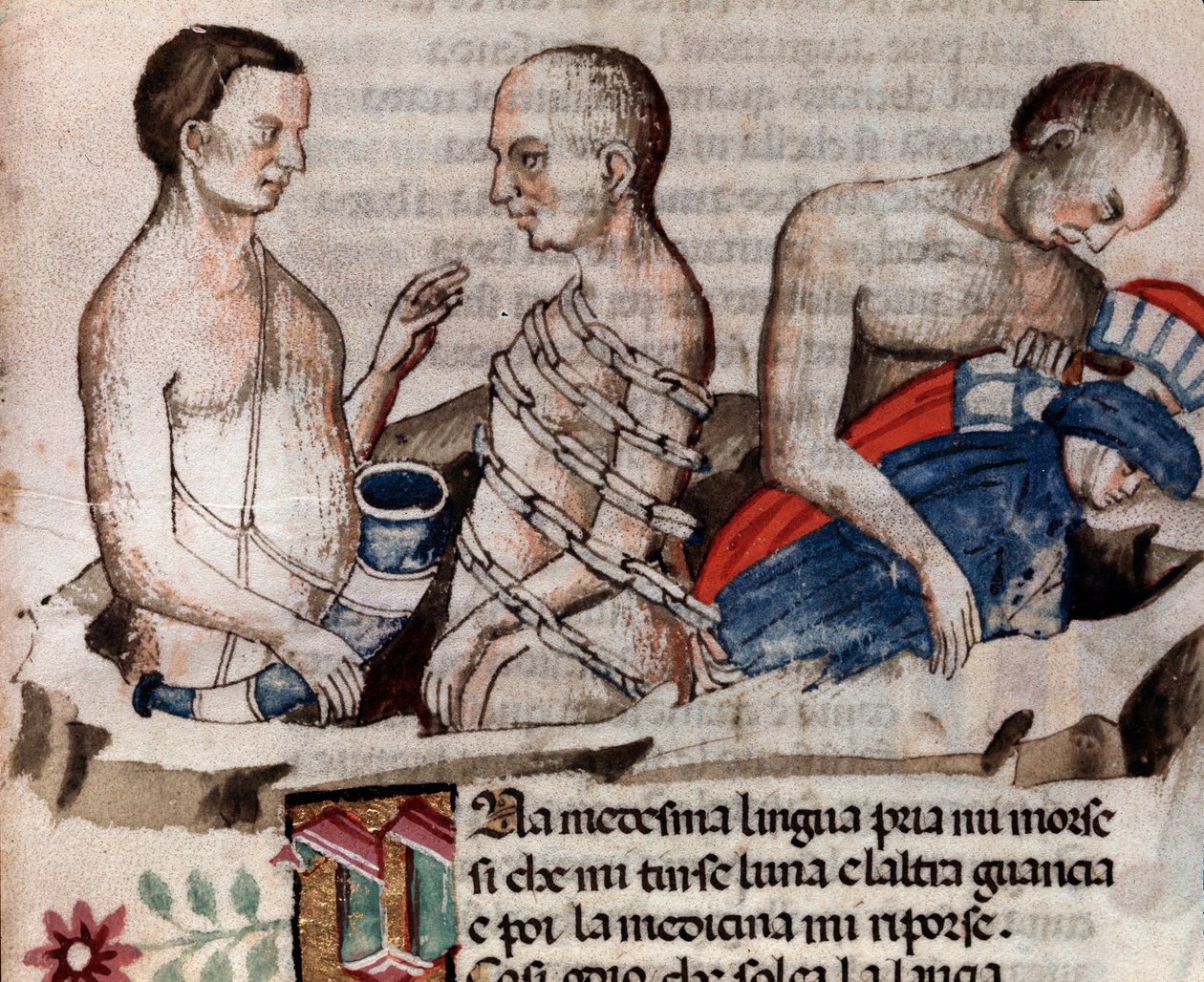 Kæmpen Antaeus sænker Dante og Vergil på den frosne grund af kredsen af Forræderi (sang 31 fra Helvede, i den guddommelige komedie) - miniature 1400-tallet af Unknown artist