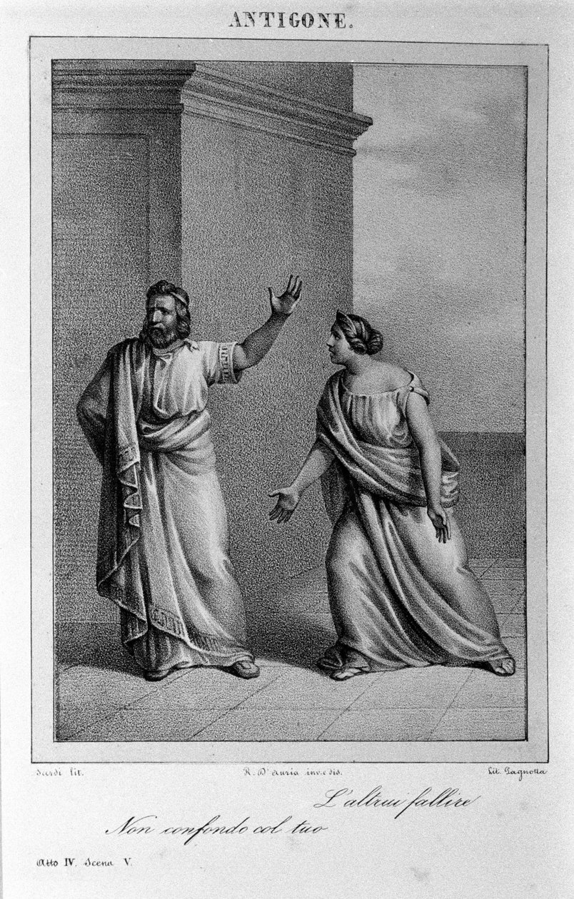 Antigone Act 4, scene 5. Italiensk tragedie af Vittorio Alfieri skrevet i 1783 efter græsk mytologi. Stik af det 18. århundrede. af Unknown artist
