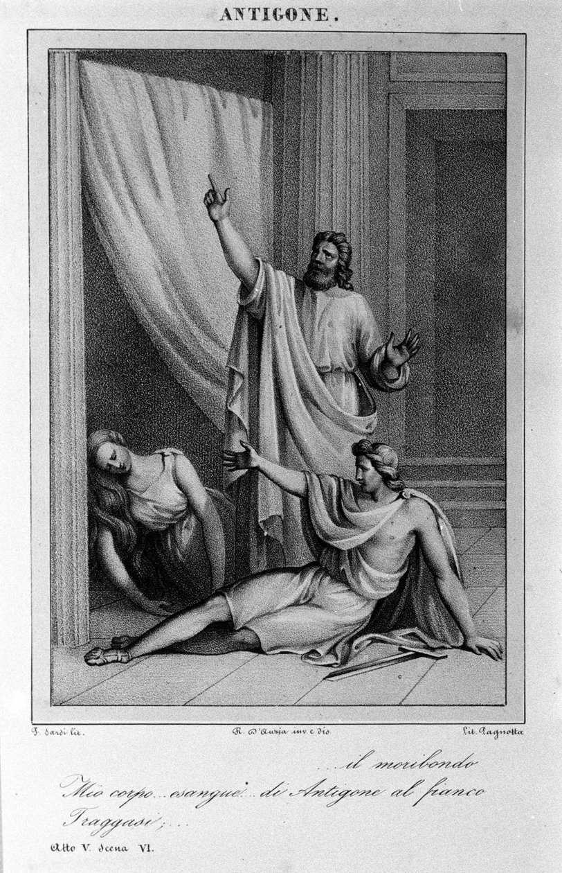 Antigone Act 5, scene 6. Italiensk tragedie af Vittorio Alfieri skrevet i 1783 efter græsk mytologi. Stik af det 18. århundrede. af Unknown artist