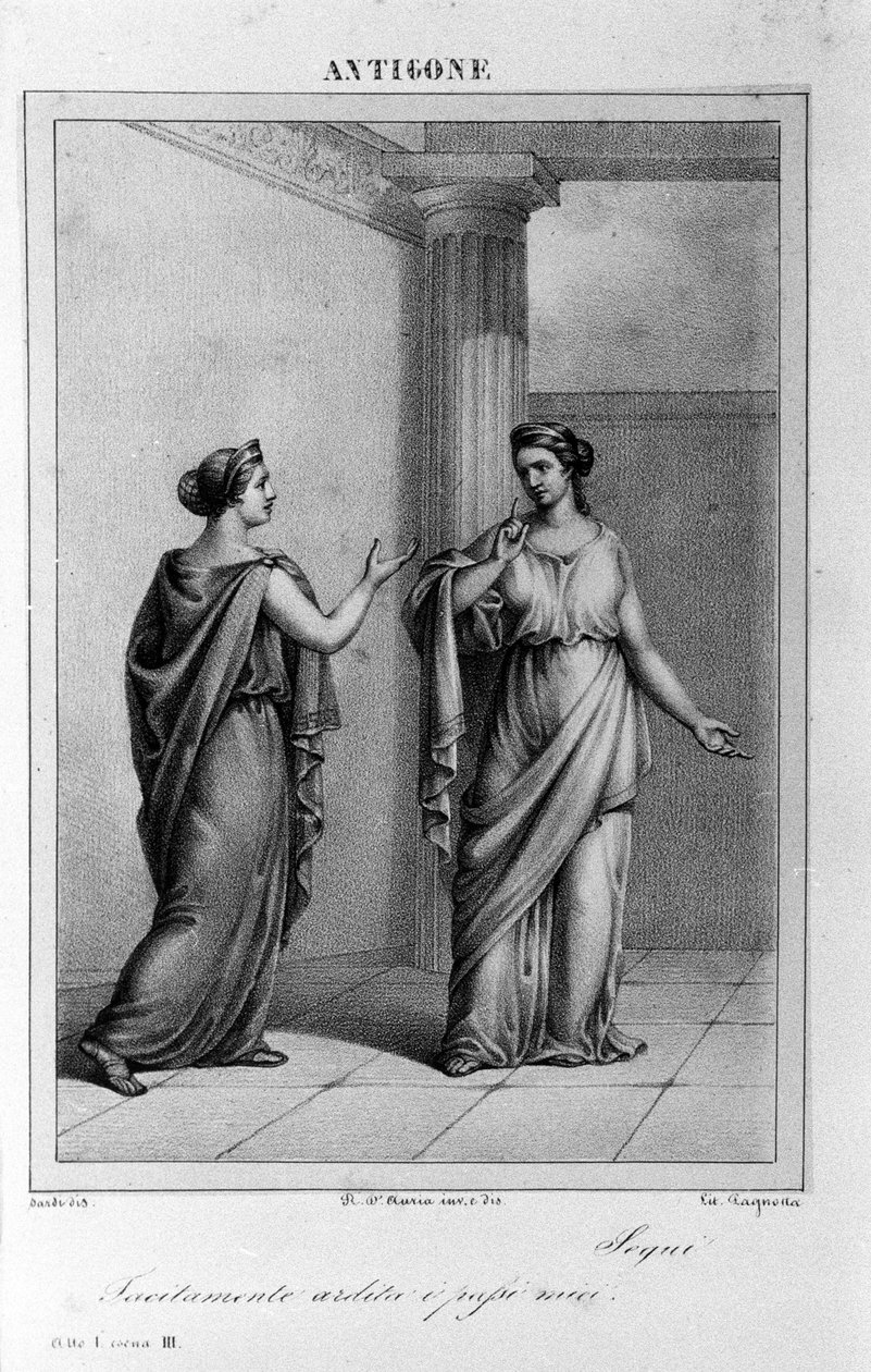 Antigone Act I, scene 3. Italiensk tragedie af Vittorio Alfieri skrevet i 1783 efter græsk mytologi. Stik af det 18. århundrede. af Unknown artist