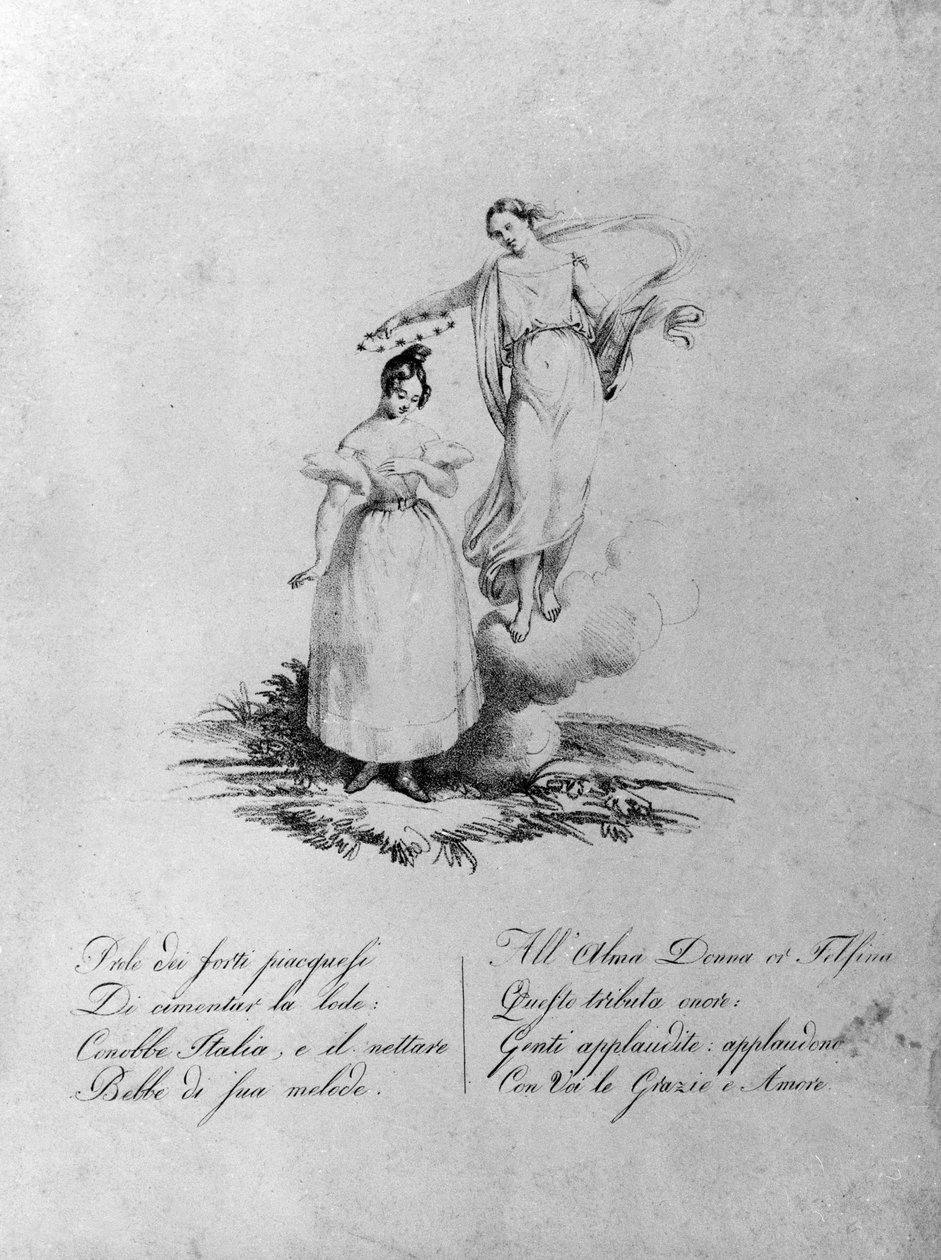 Apotheose af Maria Garcia kaldte Malibran (1808-1836) sanger. Gravering af det 19. århundrede. . Milan. af Unknown artist