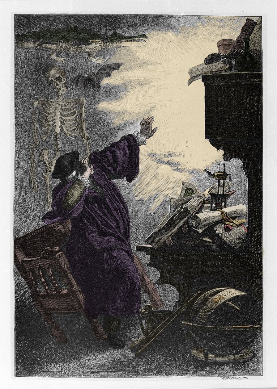 Apparition de Mephistopheles (Mephisto) a Faust Illustration de "" Faust"" af Johann Wolfgang von Goethe (1749-1832) (Illustration til "" faust"" af Goethe) Gravering af Unknown artist