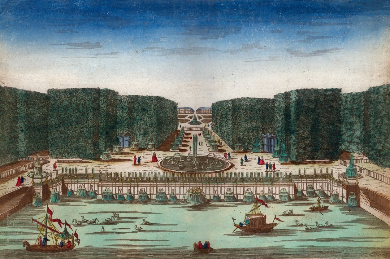 Aquae Lapsus i Hortis Versalicis - Optisk visning, der repræsenterer vandfaldene i Versailles i det 18. århundrede - Illustration omkring 1760 af Unknown artist