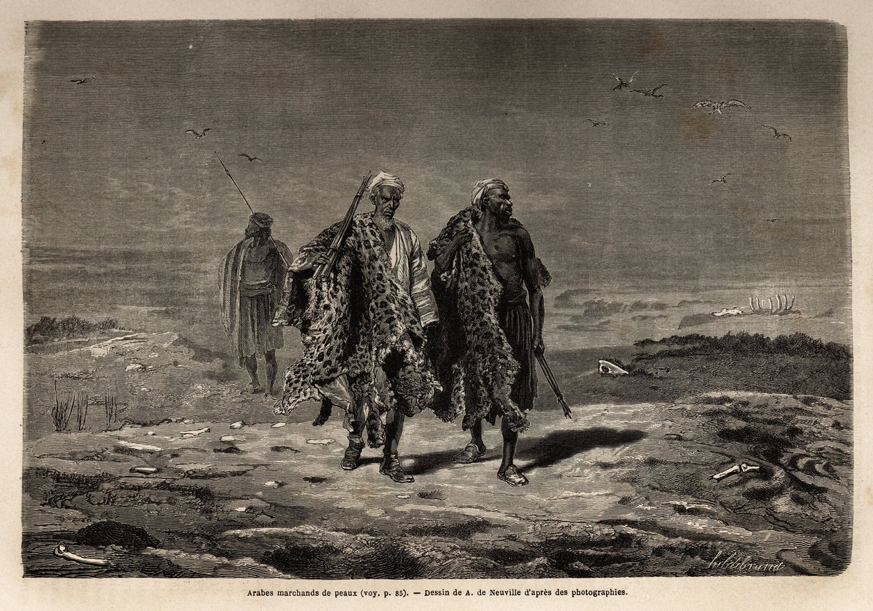 Arabiske beduiner, panterskind og fåreuldshandlere på vej til Bagdads march (Irak). Indgravering til illustration af turen til Babylon i 1866 af Guillaume Lejean i "Le tour du monde, nouveau journal des voyages"" udgivet under dire af Unknown artist