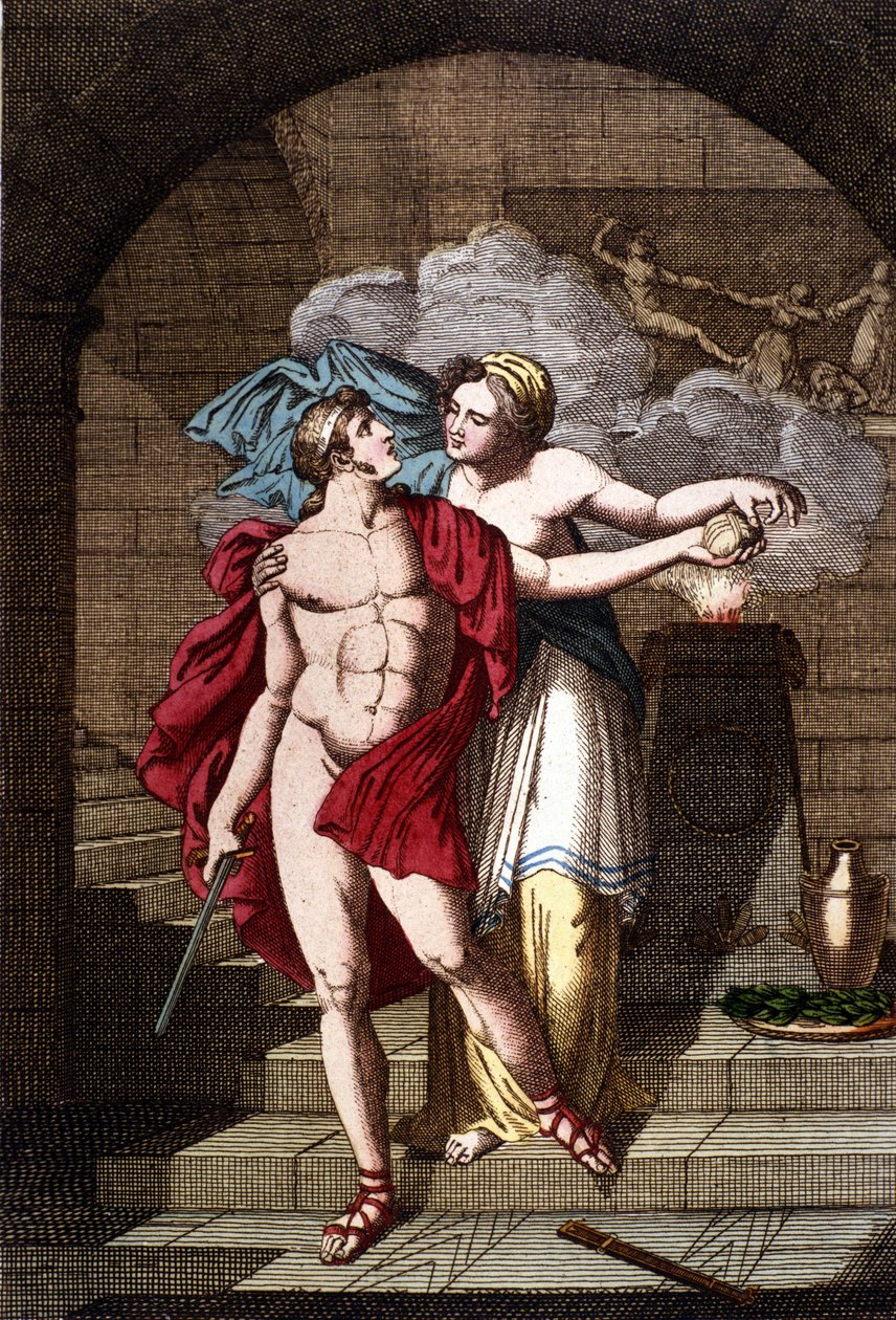 Arianne giver Theseus tråden, så han kan komme ud af labyrinten - i Dizionario mitologico af Unknown artist