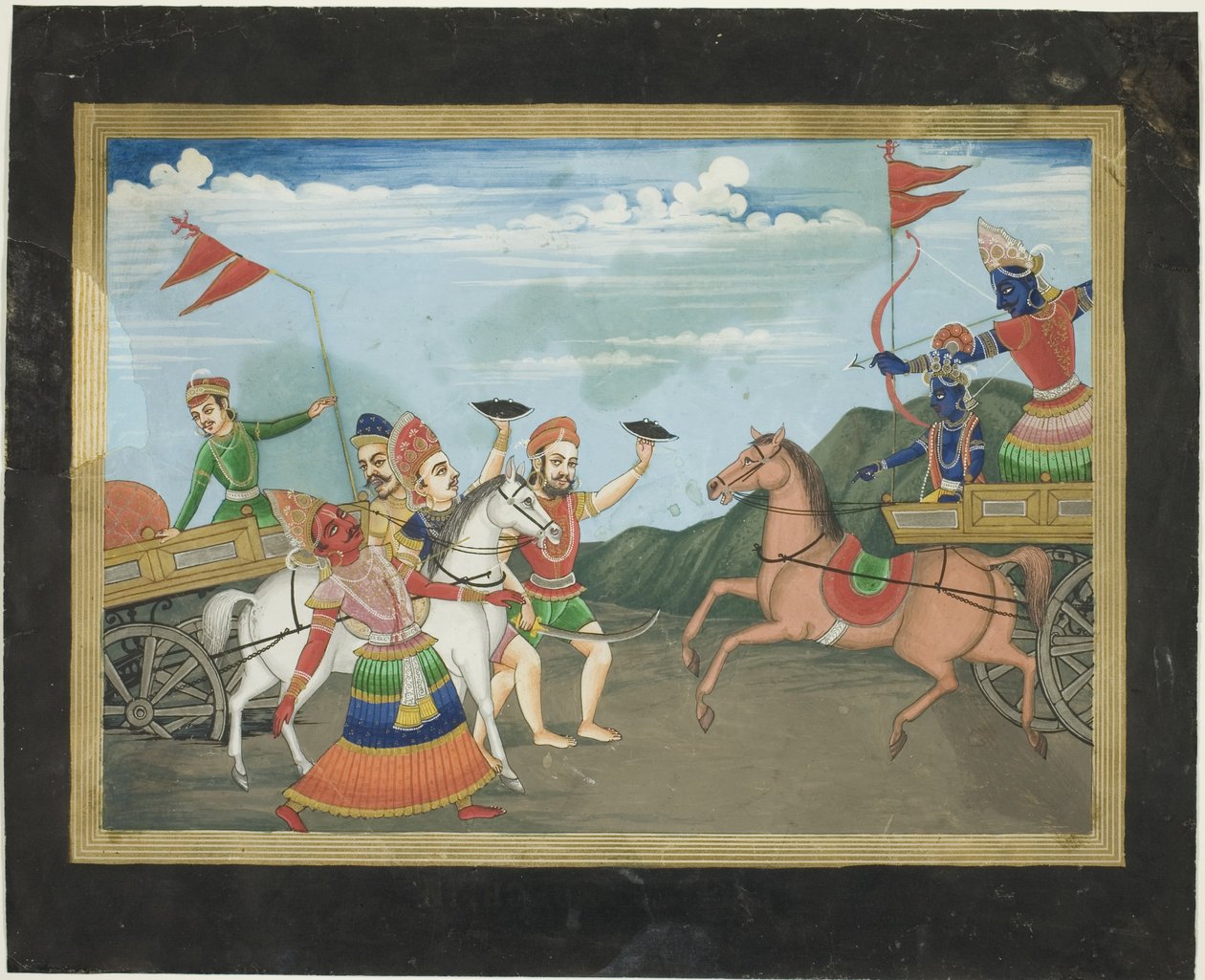 Arjuna dræber Karna, side fra en Mahabharata-serie af Unknown artist
