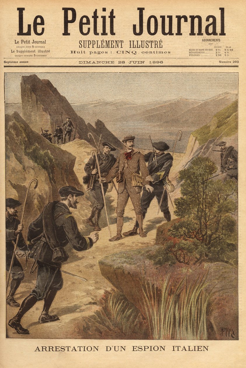 Anholdelse af en italiensk spion, kaptajn Vittorio Ravelli, af den 23. alpine jægerbataljon, nord for departementet Maritime Alps. Indgravering i "" Le petit journal"" 28/06/1896. Selvas samling. af Unknown artist