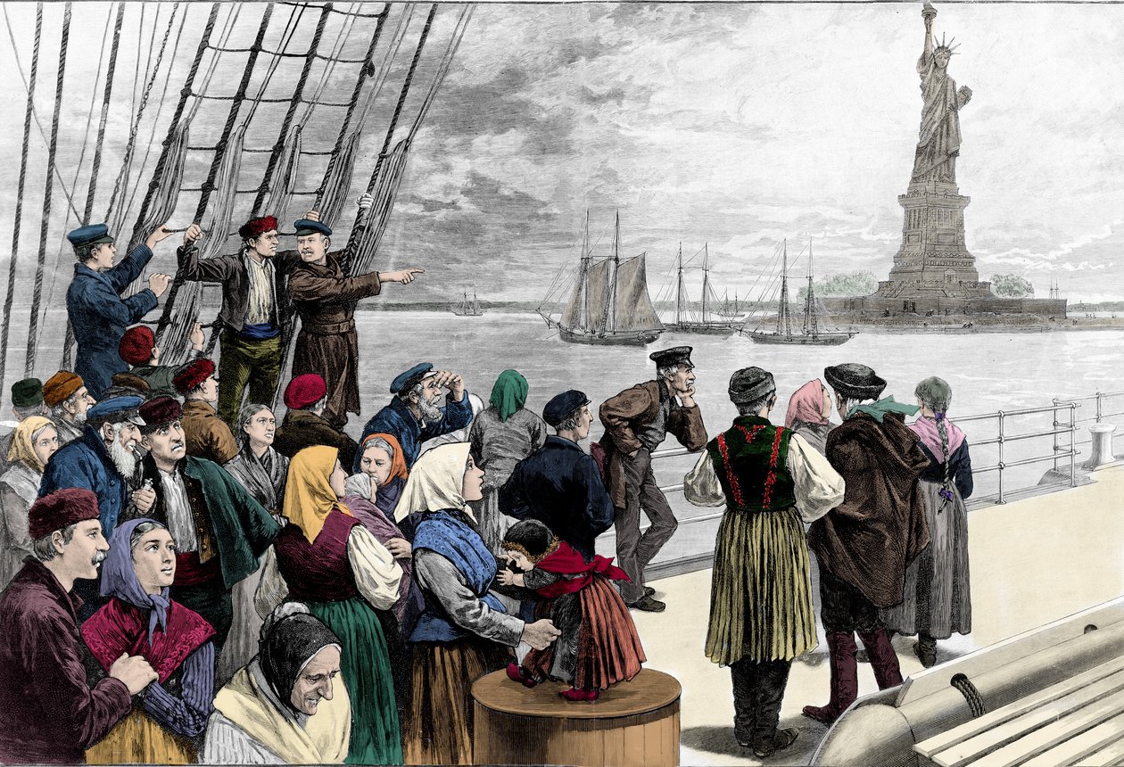 Ankommer familier af emigranter i havnen i New York, statuen af frihed er synlig. Indgravering fra "" Harper