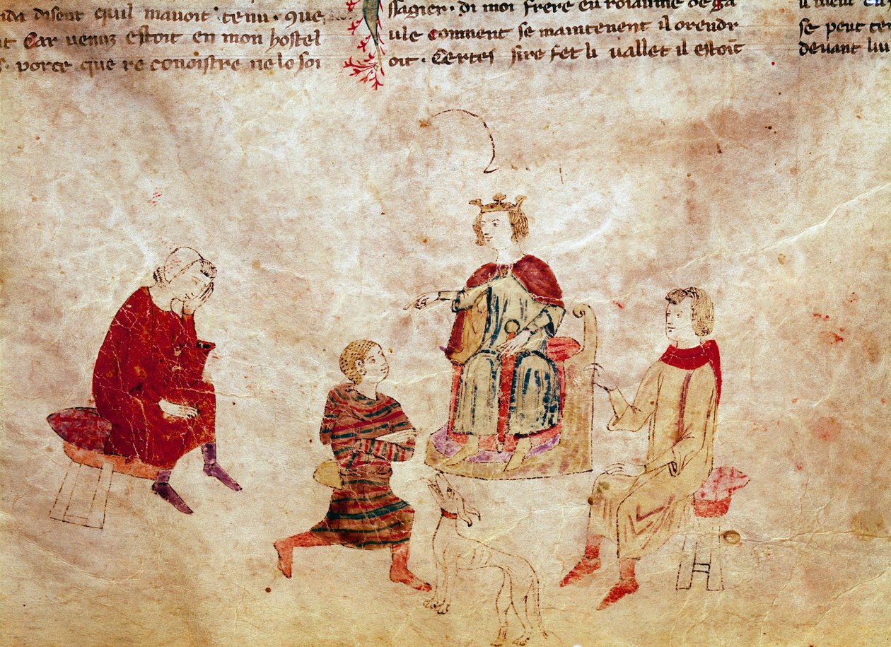 Arthur-legende: "" Kong Arthur på sin trone omgiver sine rådgivere"" Miniature fra "" Meliadus, bror til Tristan"" Venedig Biblioteca Marciana fra det 14. århundrede af Unknown artist