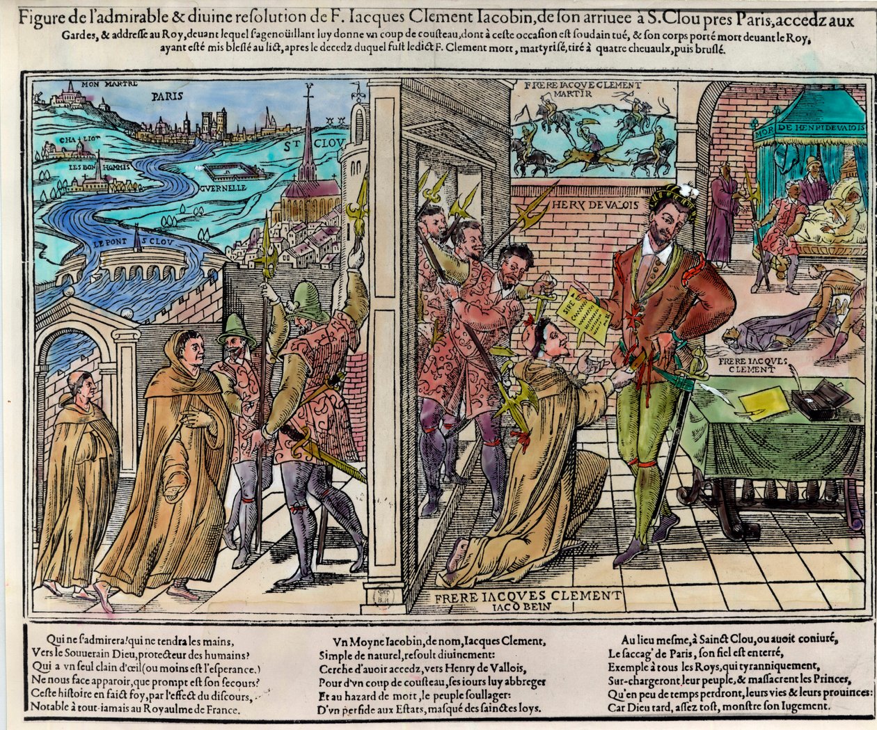 Mordet på kongen af Frankrig Henri III (1551-1589) af Jacques Clement (1567-1589), en dominikansk religiøs tilhænger af Den Katolske Liga, den 1. august af Unknown artist