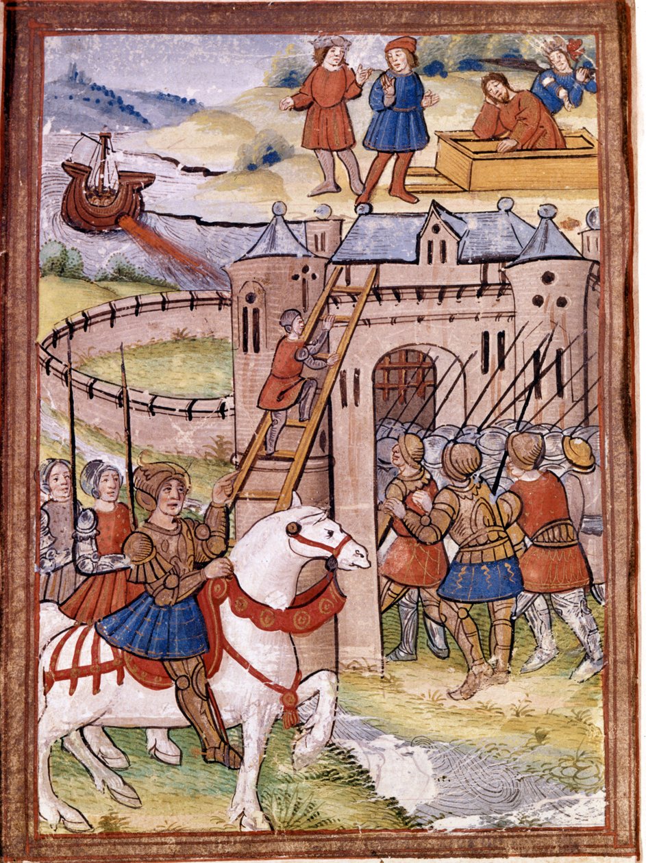 Overfald på et slot. Afsnit af 100 års krigen. 1500-tallets manuskript. Victoria and Albert Library, London. af Unknown artist