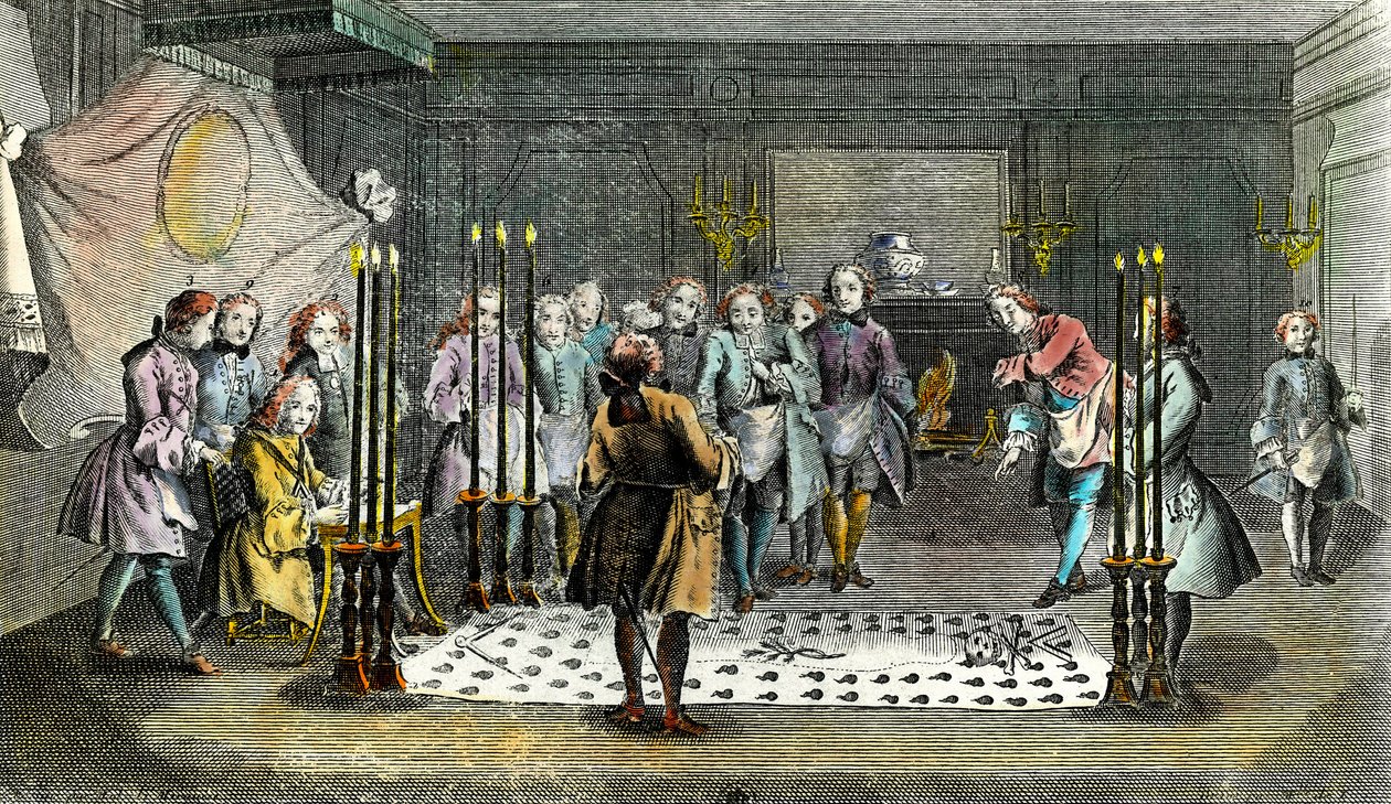Forsamling af Francs Macons til modtagelse af mestre Gravering omkring 1750 Privat Samling af Unknown artist