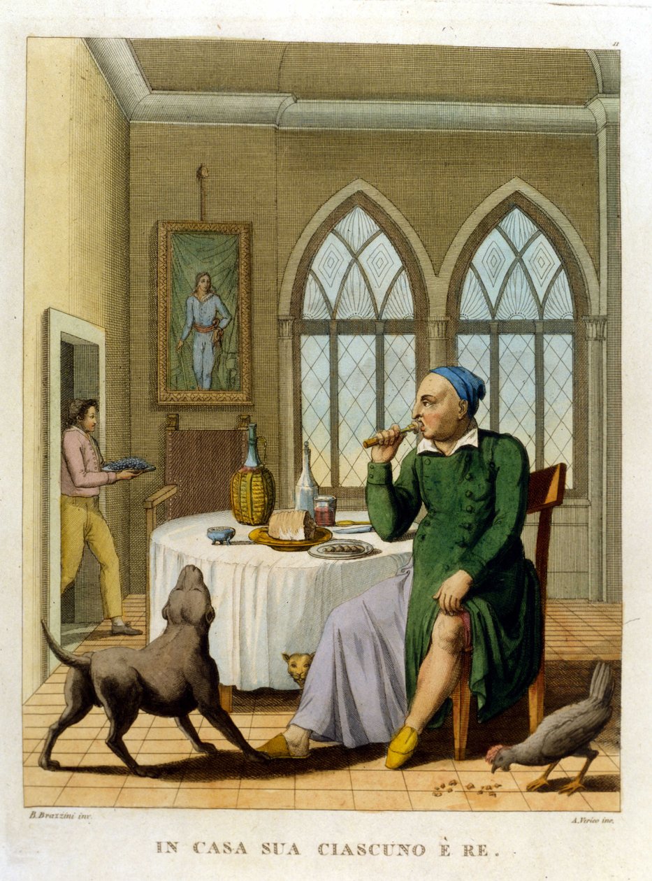 "Herhjemme er alle konge." Illustration fra en samling af ordsprog fra det 18. århundrede af Unknown artist