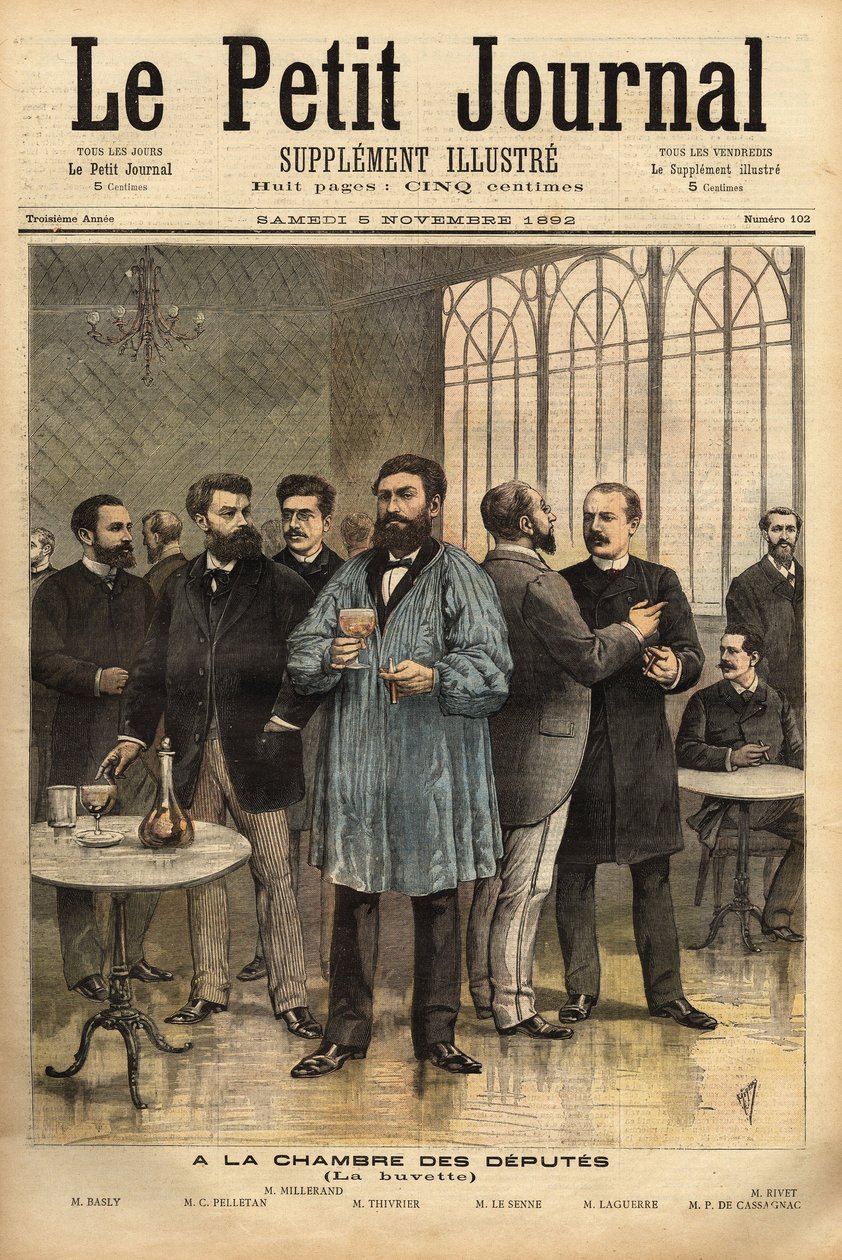 I baren i Deputeretkammeret med fra venstre mod højre: Emile Basly (1835-1928), deputeret i Paris, fra fagbevægelsen af minearbejdere, Camille Pelletan (1846-1915) journalistskribent og stedfortræder for Bouches du Rhone, Alexandre Millerand (1859-1 af Unknown artist