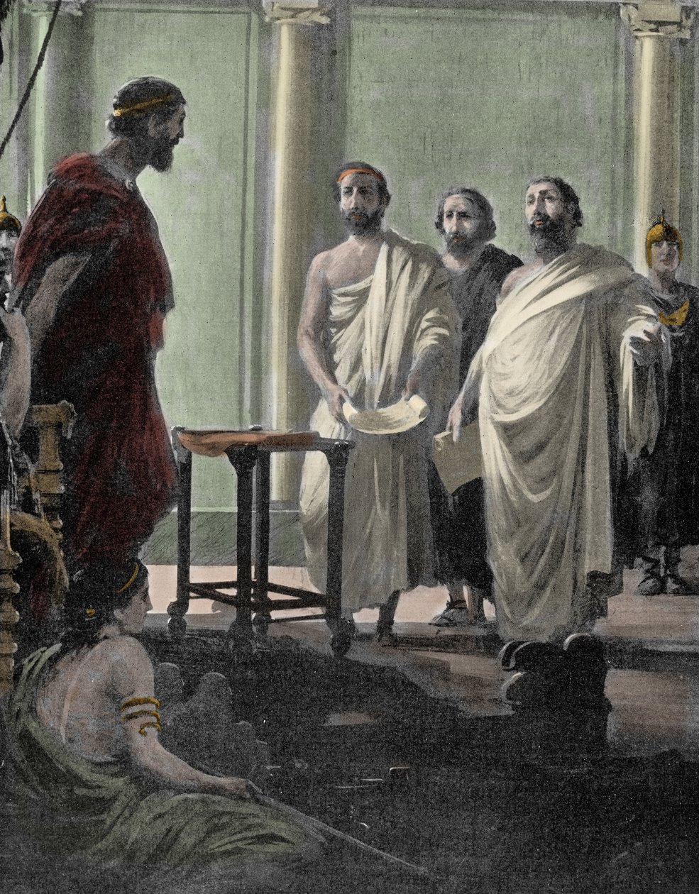 Den athenske general og politiker Alcibiades (450 f.Kr.-404 f.Kr.), discipel af Perikles og Sokrates, tilbagekaldt i 407 af det demokratiske regime i Athen efter hans eksil. Indgravering af det 19. århundrede af Unknown artist