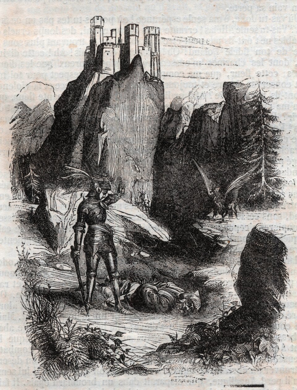 Atlant besejret af Bradamante - gravering af 1851 fra "" Furious Roland"" af Unknown artist