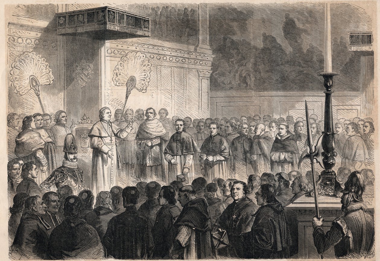 Audiens holdt af pave Pius IX (Pio) (1792-1878) til udenlandske gejstlige i Det Sixtinske Kapel (cappella sistina) i Rom i anledning af fejringen af kanoniseringen af de 26 "martyrer af Japan", en gruppe katolikker korsfæstet i Japan i 1597 af Unknown artist