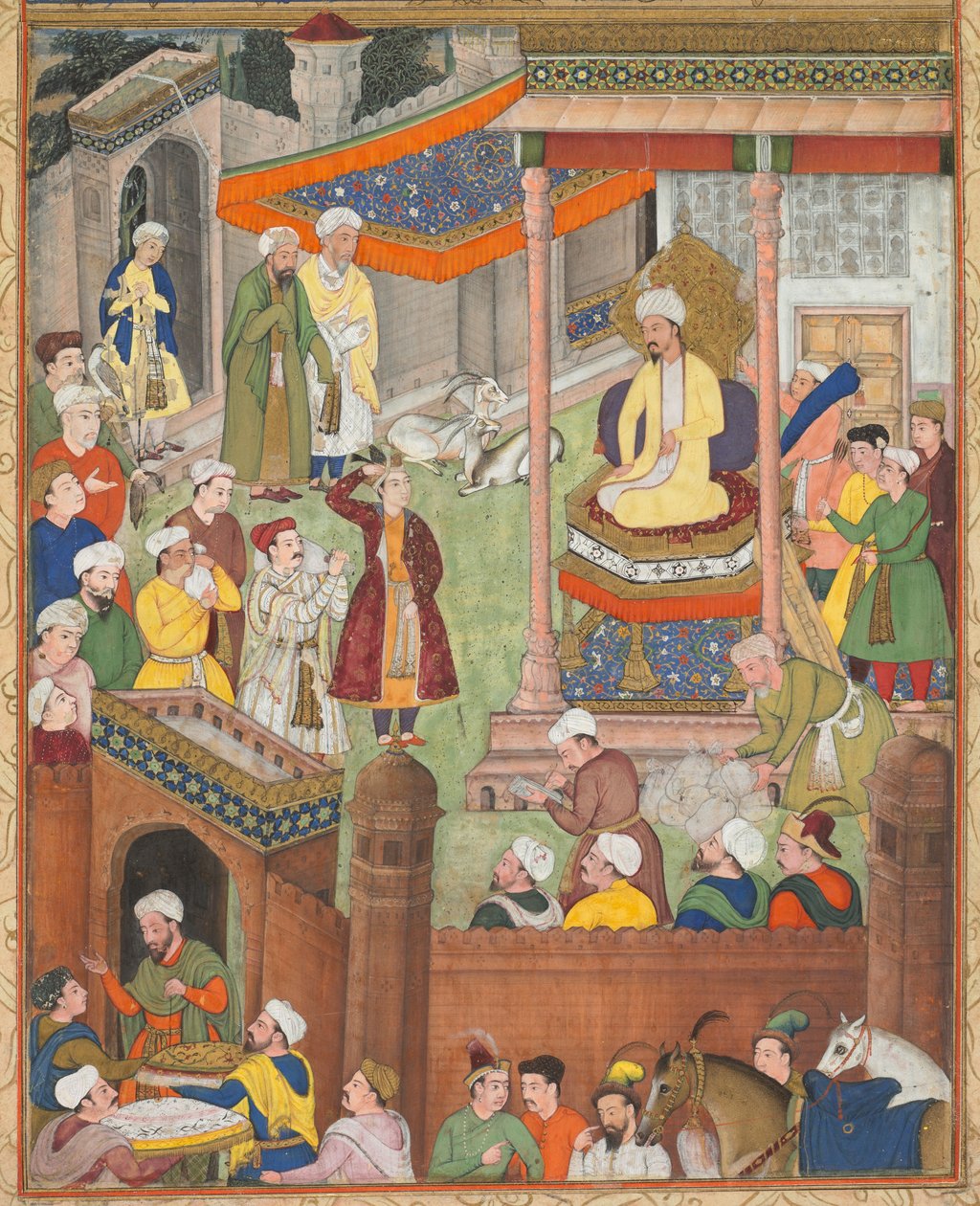 Babur modtager bytte og Humayuns hilsen efter sejren over Sultan Ibrahim i 1526 fra en Akbar-nama (Akbars Bog) fra Abu