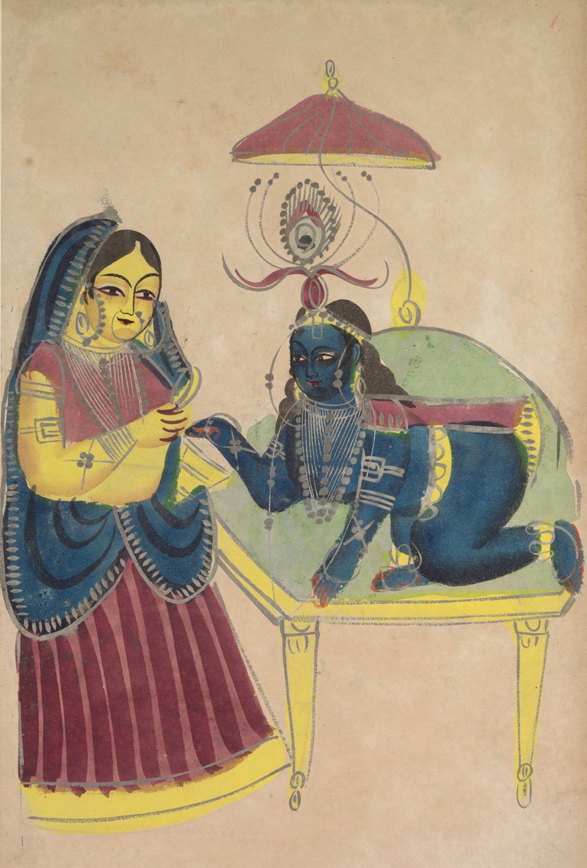 Baby Krishna beder om smør fra Yashoda af Unknown artist