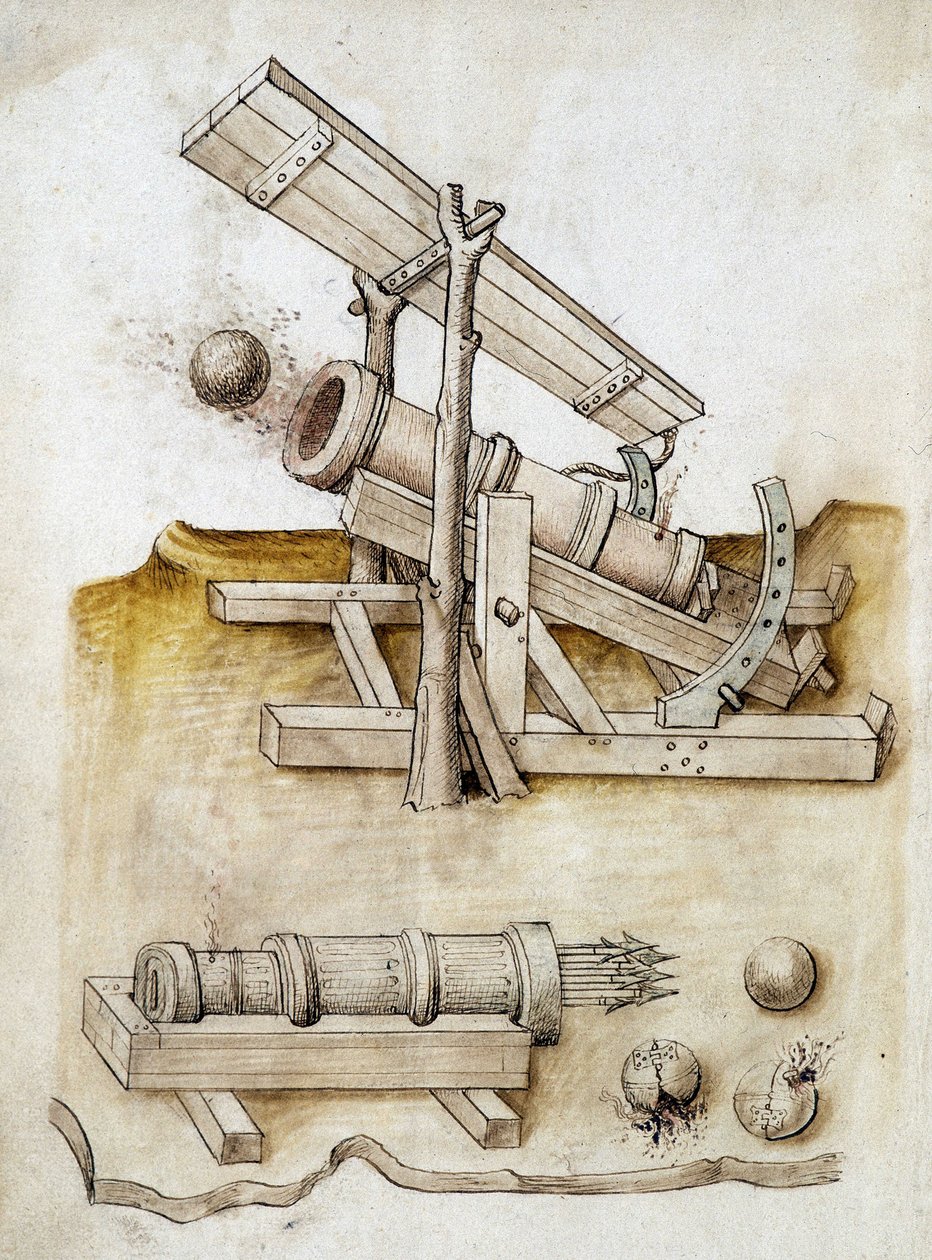 Kuglepistol og pilepistol - Manuskript: pergamentark af en ingeniørmanual til opførelse af civile, religiøse og militære bygninger, anonym, slutningen af det 15. århundrede (figur med kinesisk blæk) af Unknown artist