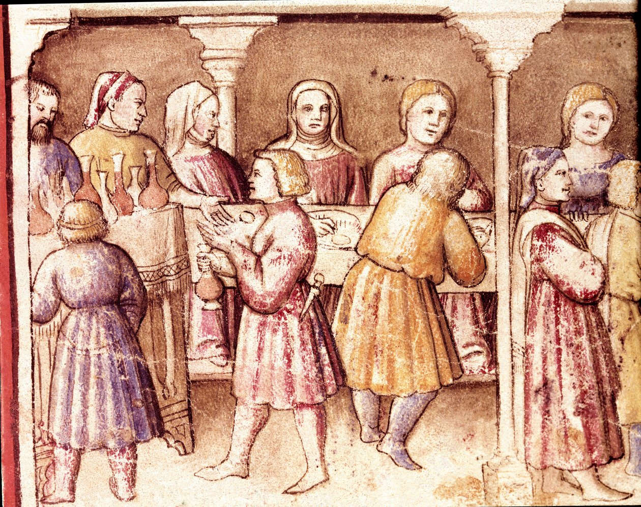 Banketscene i et rigt palæ i Padua Miniature fra codex 212 (eller Padovano Codice eller Bible of Padua) 1390-1400 Rovigo, Accademia dei Concordi af Unknown artist