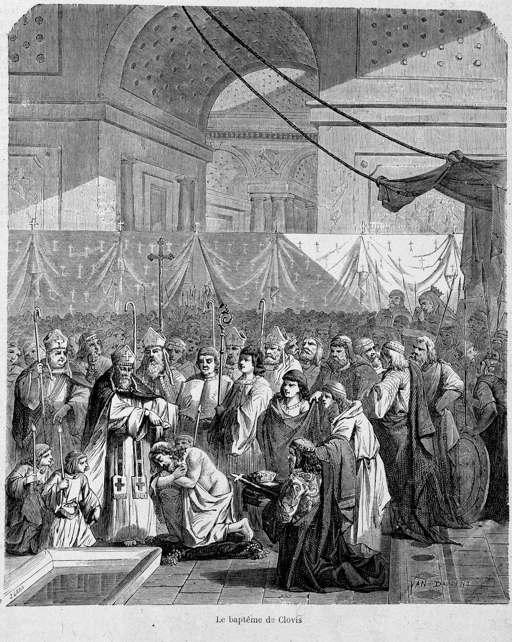 Bapteme of Clovis af Anastase II i katedralen i Reims den 25. december 498 - i "Histoire des popes"", bd. 1, Maurice Lachatre. af Unknown artist