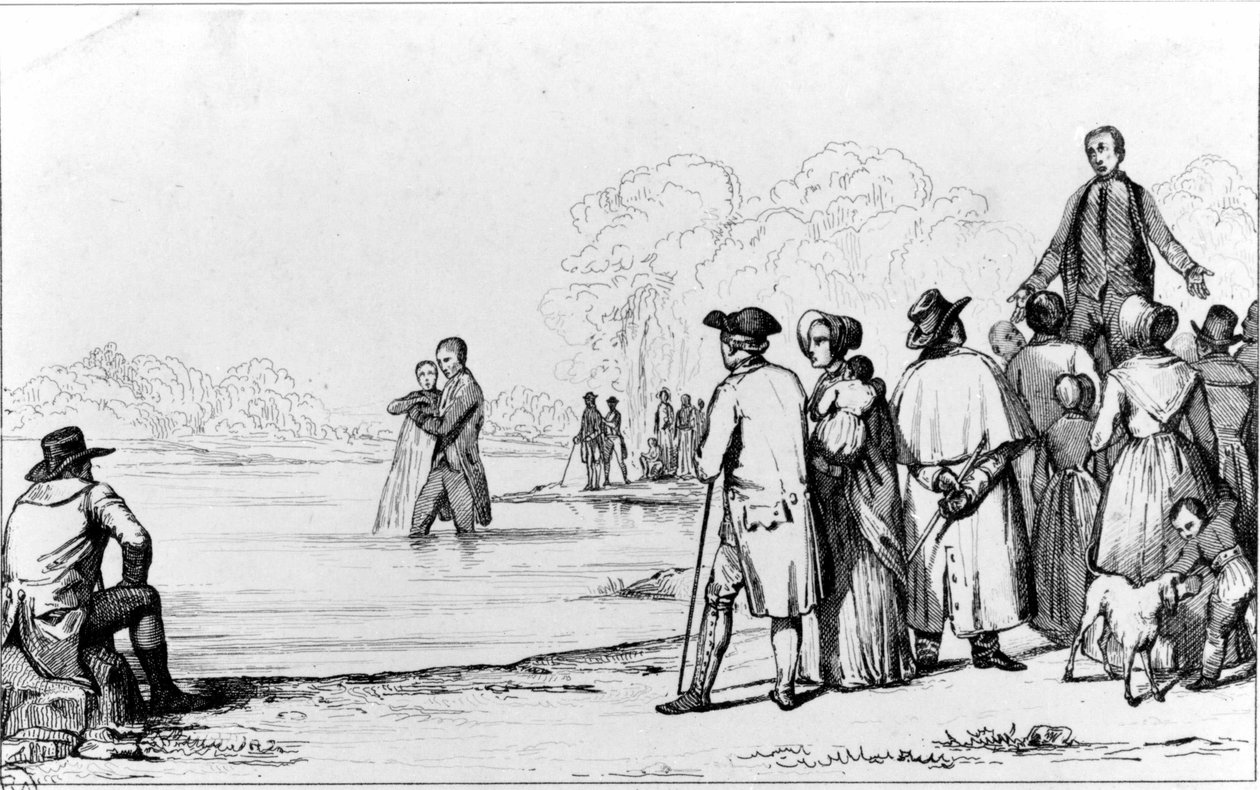 Dåb af anabaptister med total nedsænkning i vand. af Unknown artist