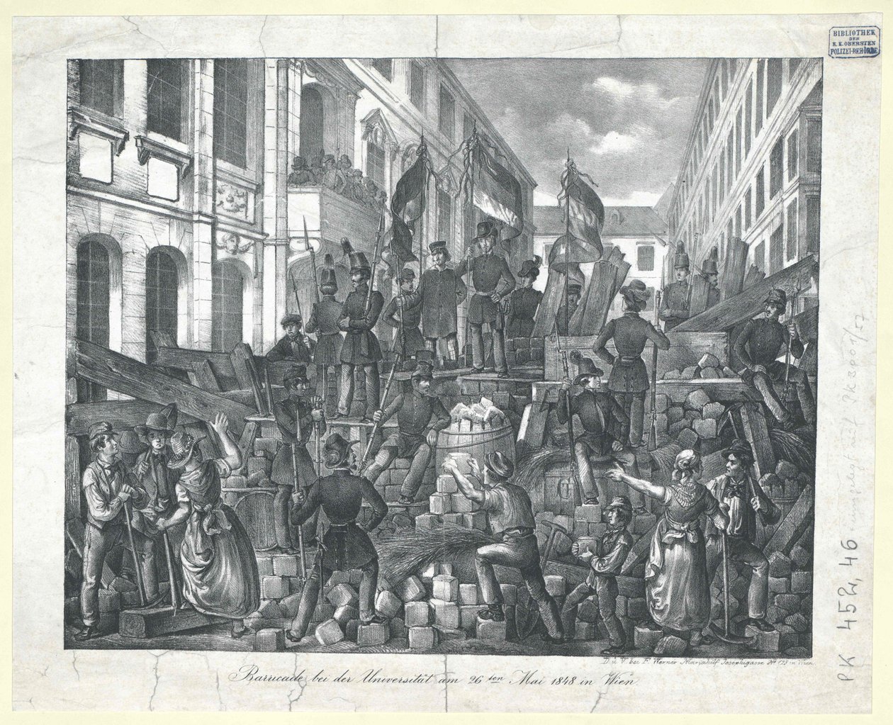 Barrikade ved universitetet den 26. maj 1848 i Wien af Unknown artist