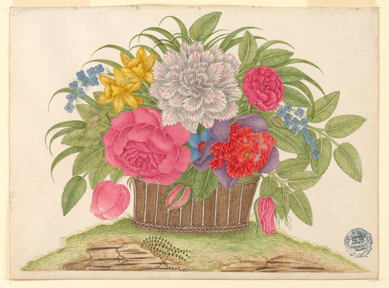 Kurv med blomster og blade på jorden af Unknown artist
